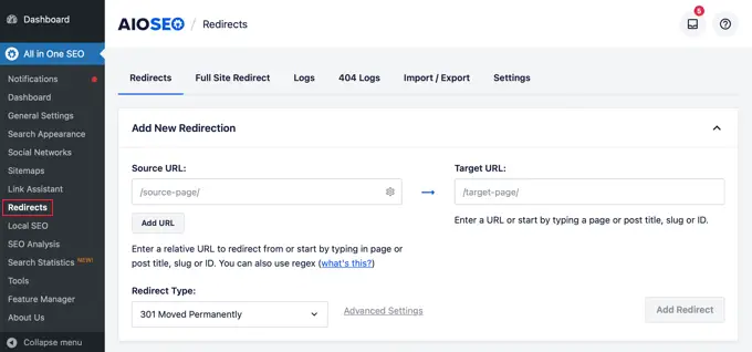 多合一 SEO 重定向選項卡 All in One SEO Redirects Tab