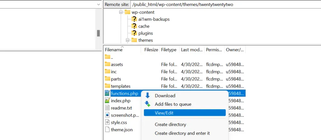 編輯functions.php文件 Edit functions.php file