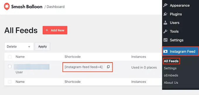 Copie el código corto del feed de Instagram Copy the Instagram feed shortcode