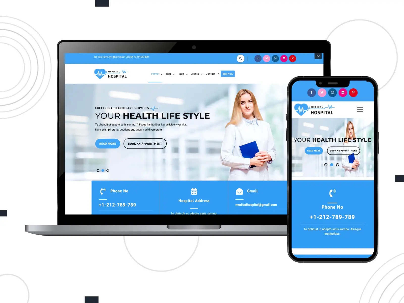 Коллаж бесплатной темы VW Medical Care для сайтов аптек в сине-белых тонах на экранах мобильных и настольных компьютеров.
