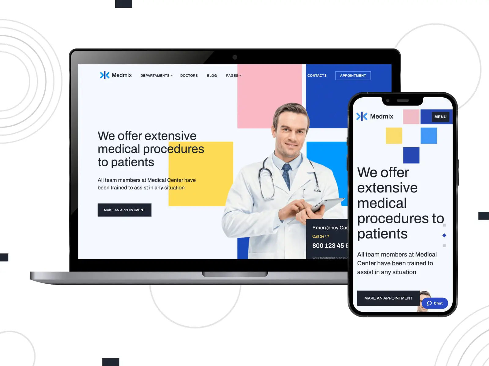 Коллаж медицинской темы Medmix для аптечных сайтов WordPress в синем, белом, розовом и желтом цветах.