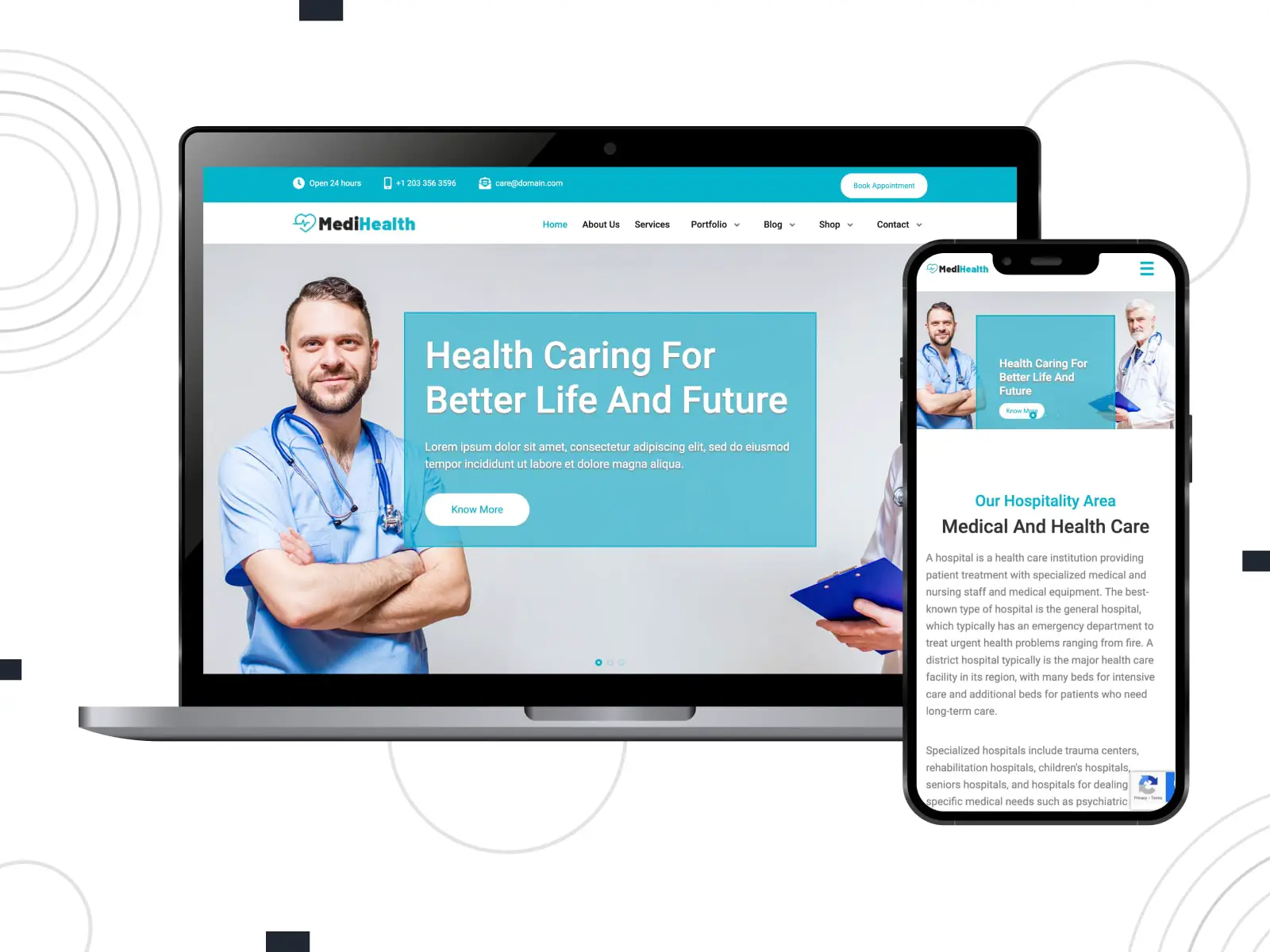 Коллаж демонстрационной страницы бесплатной темы MediHealth для сайта аптеки WordPress в синем, зеленом, белом и сером цветах в мобильной и настольной версиях.