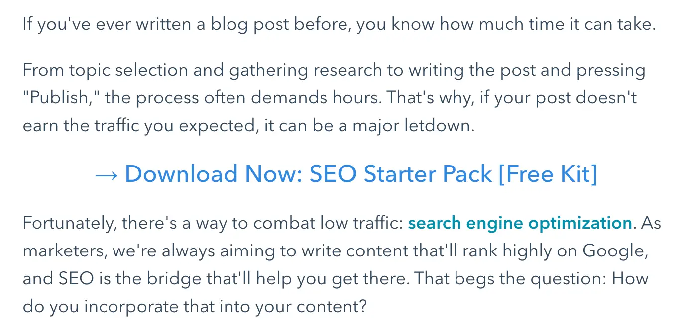 hubspot 博客文章中的 seo 入门包 cta 示例