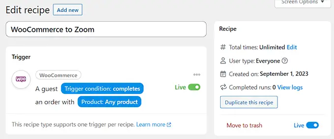 Veröffentlichen Sie das WooCommerce to Zoom-Rezept Save WooCommerce to Zoom recipe