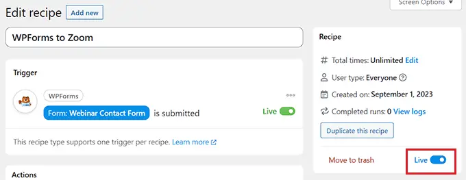 Speichern Sie das Zoom-Webinar und das WPForms-Rezept Save Zoom webinar and WPForms recipe