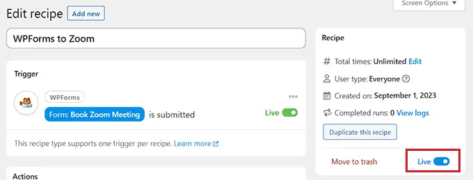 Speichern Sie das WPForms- und Zoom-Rezept save WPForms and Zoom recipe
