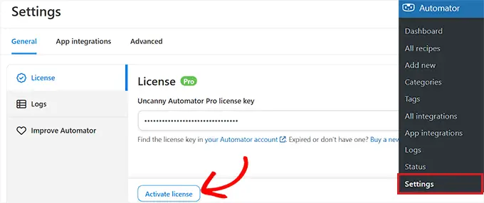Aktivierung der Uncanny Automator-Lizenz Uncanny Automator license activation