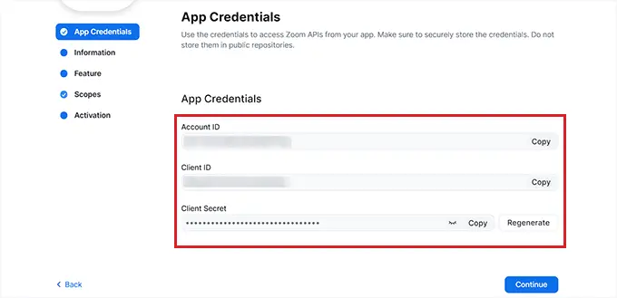 Kopieren Sie die Anmeldeinformationen der Zoom-App Copy the Zoom app credentials
