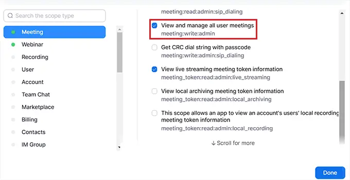 Fügen Sie Bereiche für Meetings und Webinare hinzu Add scopes for meetings and webinars