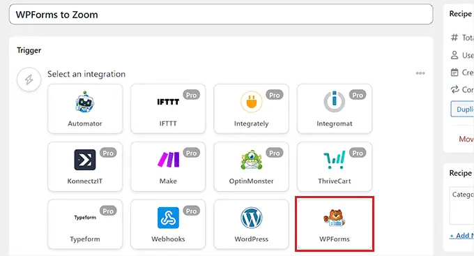 Wählen Sie WPForms als Auslöser Choose WPForms as trigger
