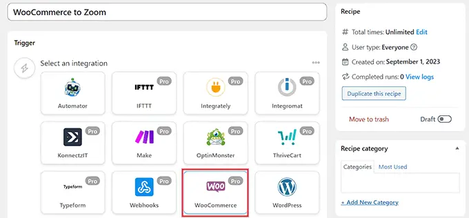 Wählen Sie WooCommerce als Trigger-Integration Select WooCommerce as trigger integration