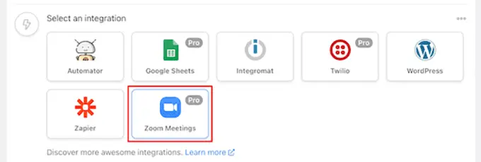 Wählen Sie im Abschnitt „Aktionen“ die Option „Zoom Meetings-Integrationen“ aus Select Zoom Meetings integrations under the actions section