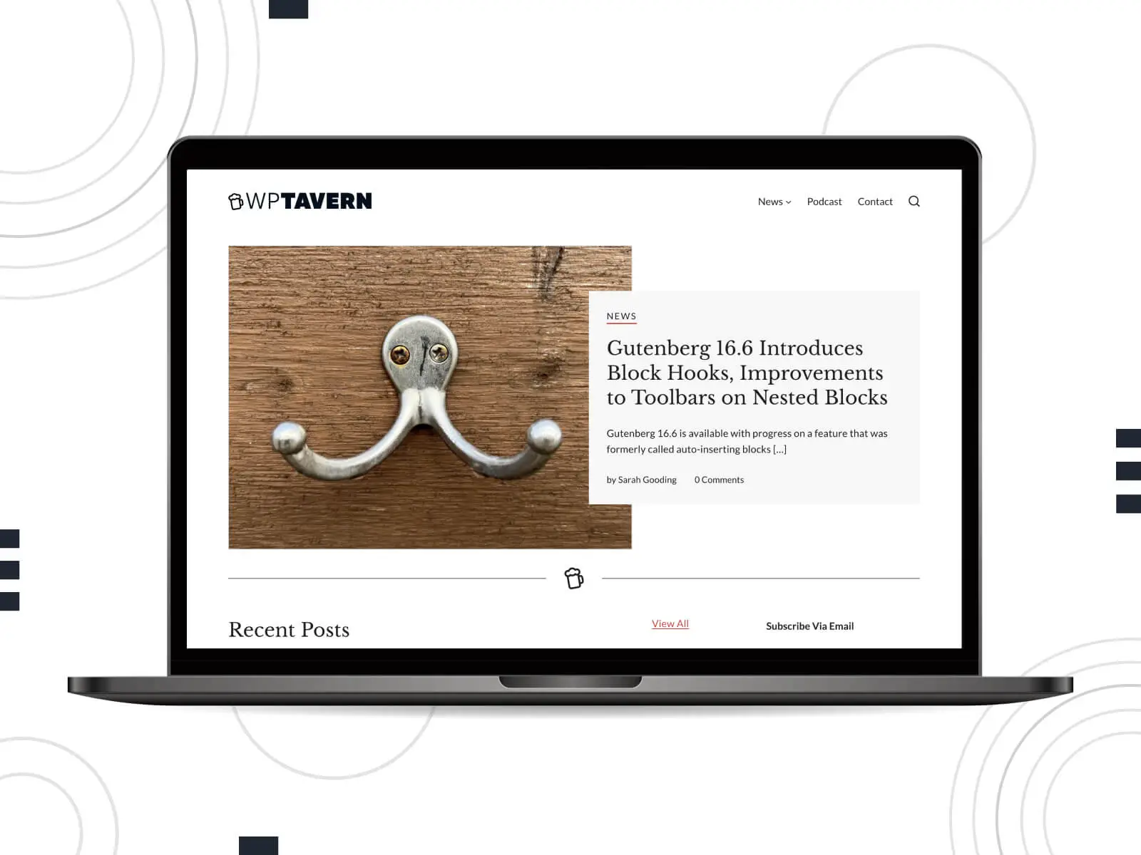 WP Tavern の写真 - 主要な WordPress ポータルで取り上げられているコーディングの必需品を、薄暗いグレー、バラ色ブラウン、サドル ブラウンのカラー グラデーションで表示しています。