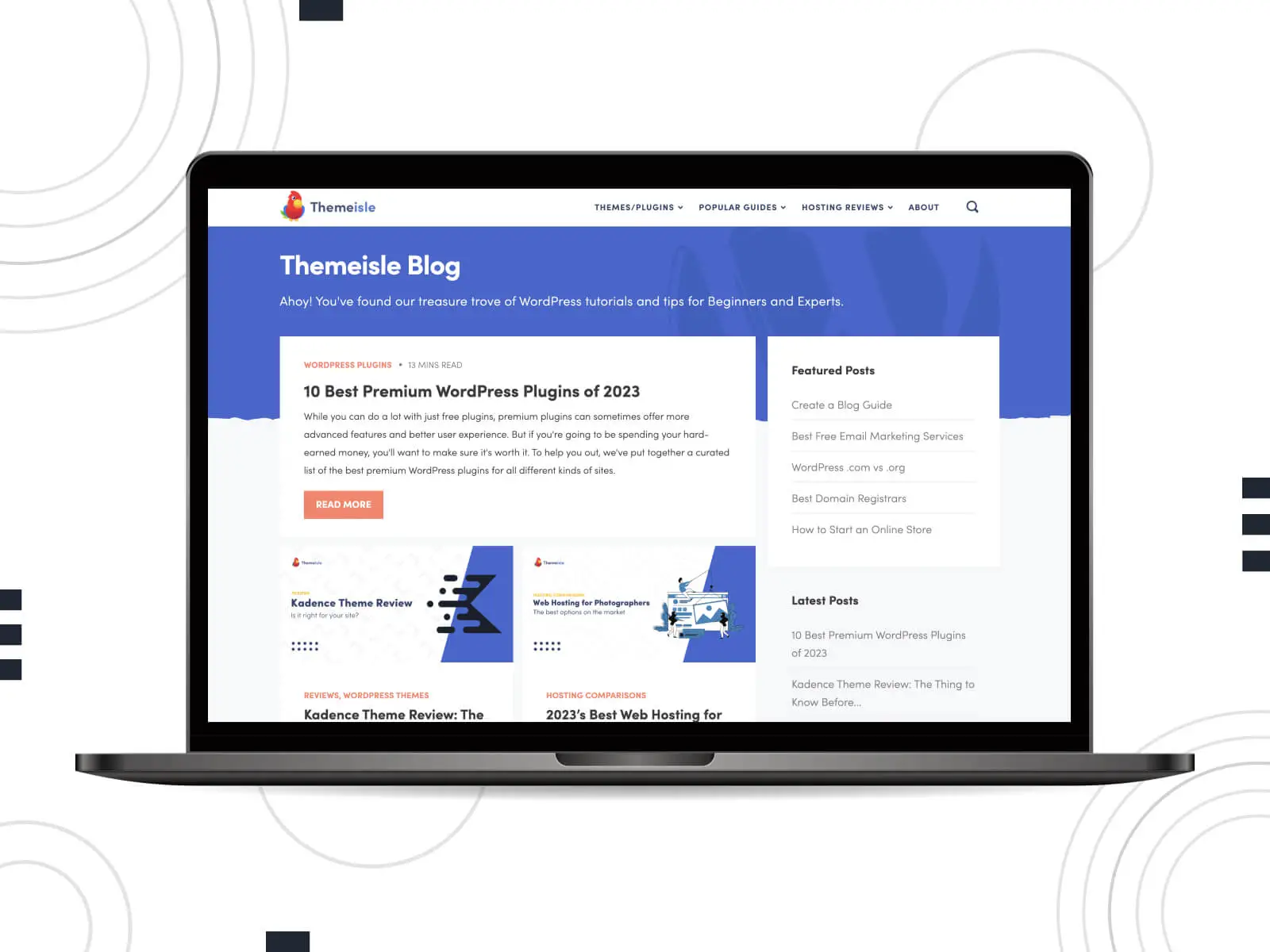 Themeisle のコラージュ - ロイヤル ブルー、サーモン、ライト スチール ブルーの色の組み合わせで、専門家が厳選した WordPress 出版物のコンテンツ。