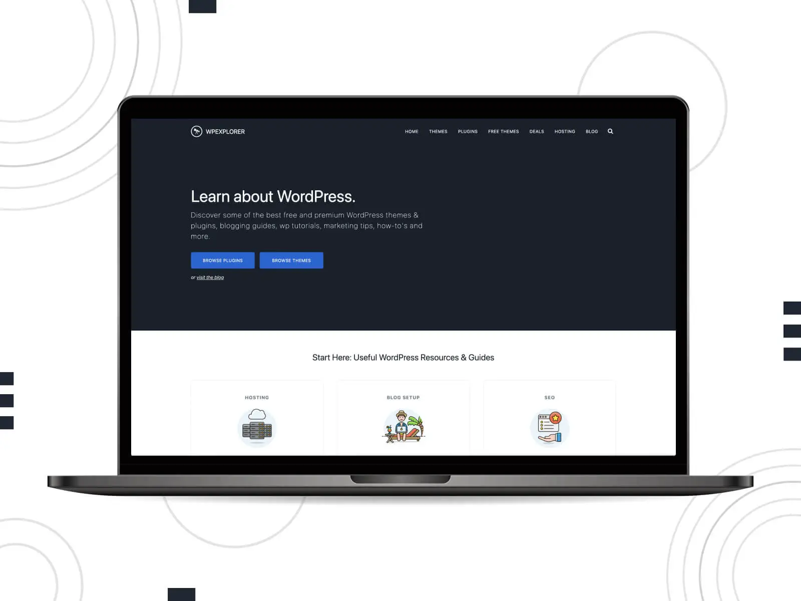 WP Explorer の写真 - WordPress ツールとロイヤル ブルー、ライト スレート グレー、インディアン レッドのカラー配列のトレンドに光を当てる Web リソース。