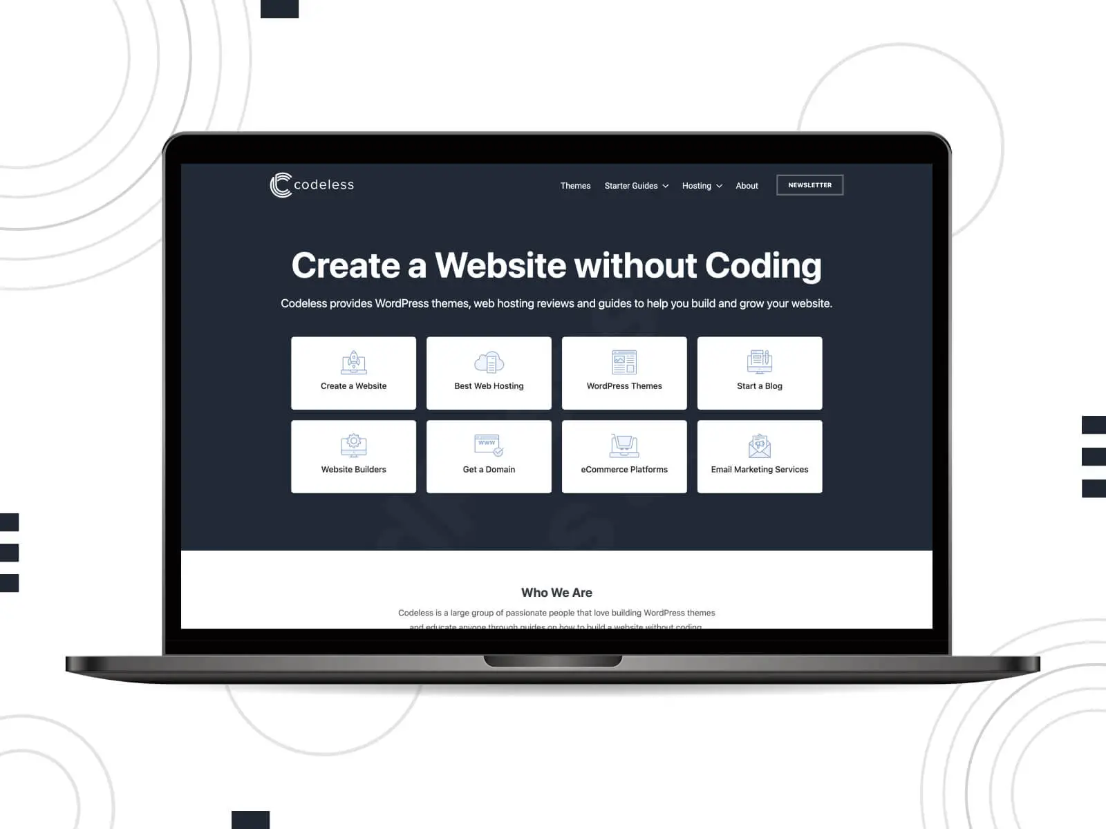 Codeless のスクリーンショット - ダークグレーと薄暗いグレーの色の組み合わせで、開発者の WordPress の欲求を満たす、ダークで落ち着いたオンライン リソースです。
