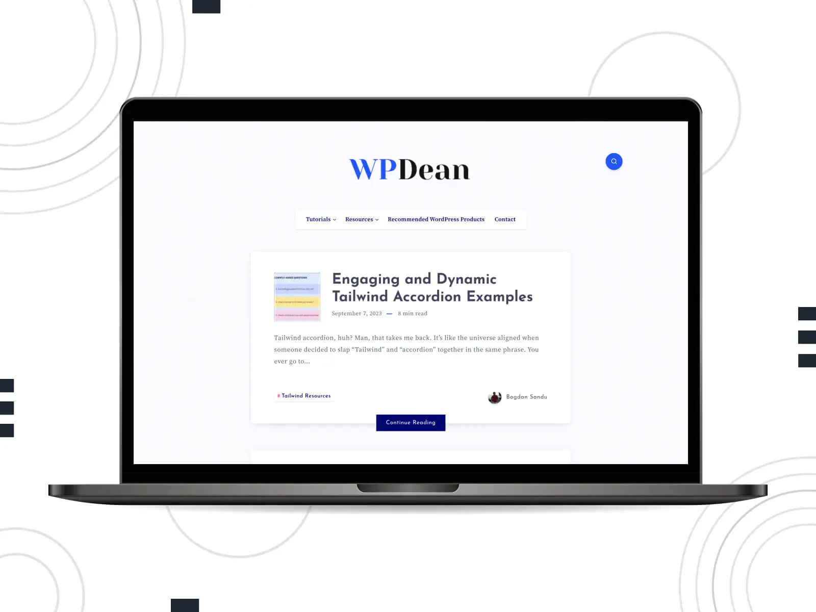 WP Dean の写真 - ロイヤル ブルー、グレー、ライト グレーのカラー ミックスでトップの WordPress サイトを読み取る重要な開発者。