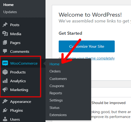 Option WooCommerce dans le menu du tableau de bord WordPress