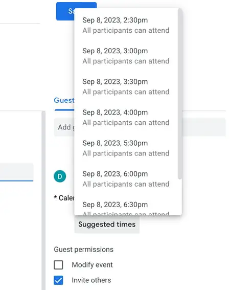 Liste der vorgeschlagenen Zeiten für ein Ereignis in Google Kalender
