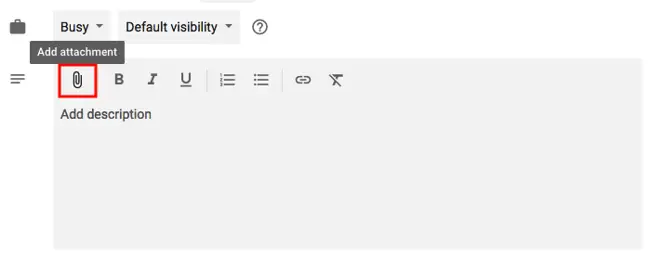 Funktion zum Hinzufügen von Anhängen zu Ereignissen in Google Kalender mit rot hervorgehobenem Büroklammersymbol