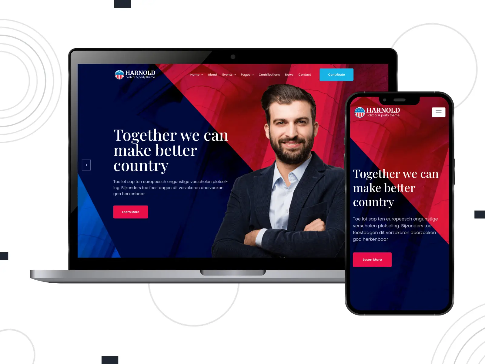 Imagen de Harnold: tema de primer nivel para sitios de campañas políticas con donaciones personalizables en una combinación de tonos rojo, azul real y blanco.