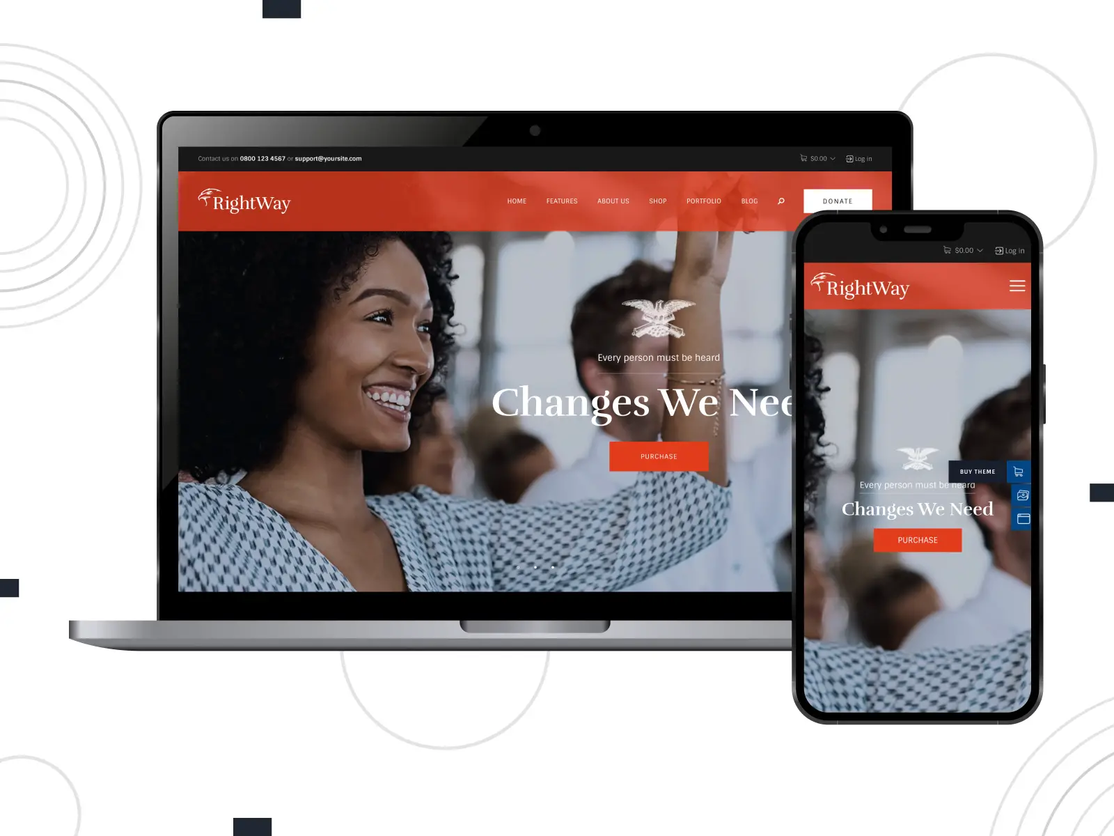 View of Right Way: tema informativo y destacado para sitios web políticos con un potente complemento de donación en una combinación de tonos blanco, rojo anaranjado y azul aciano.