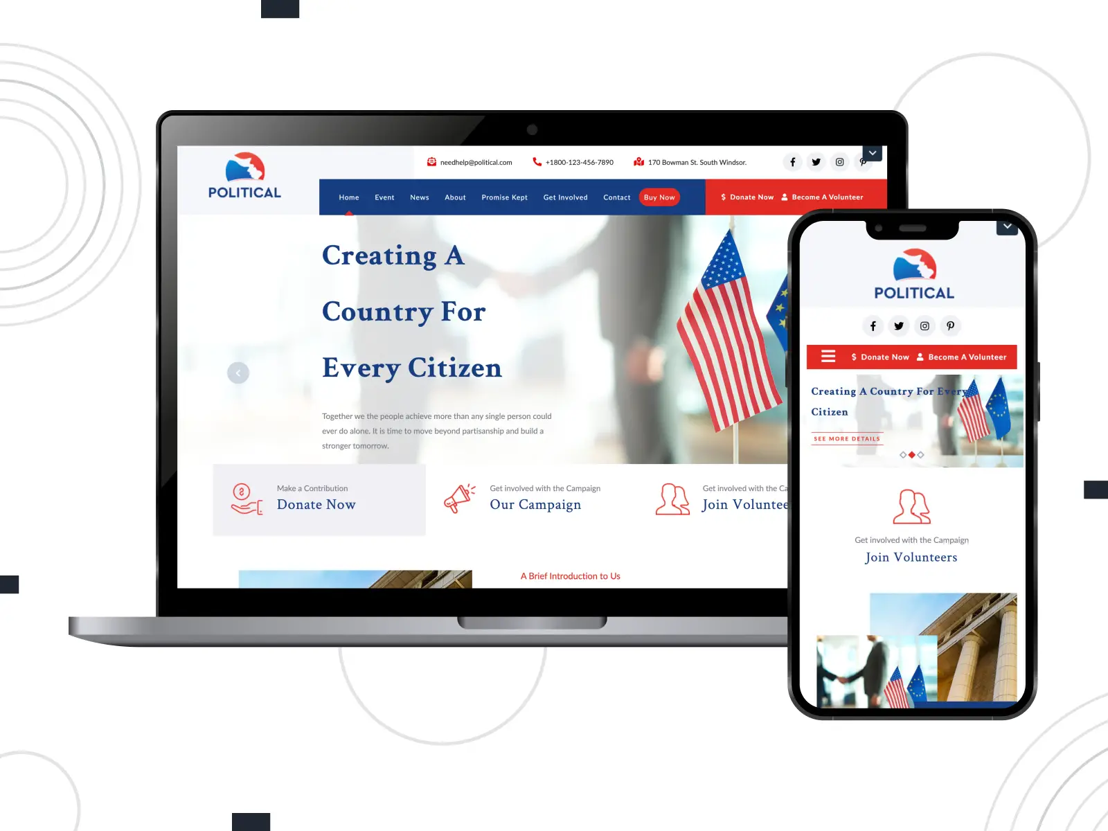 Representación de campaña política: tema gratuito, innovador y responsivo para candidatos políticos con compatibilidad con WooCommerce en gradaciones de color naranja oscuro, blanco y azul medianoche.
