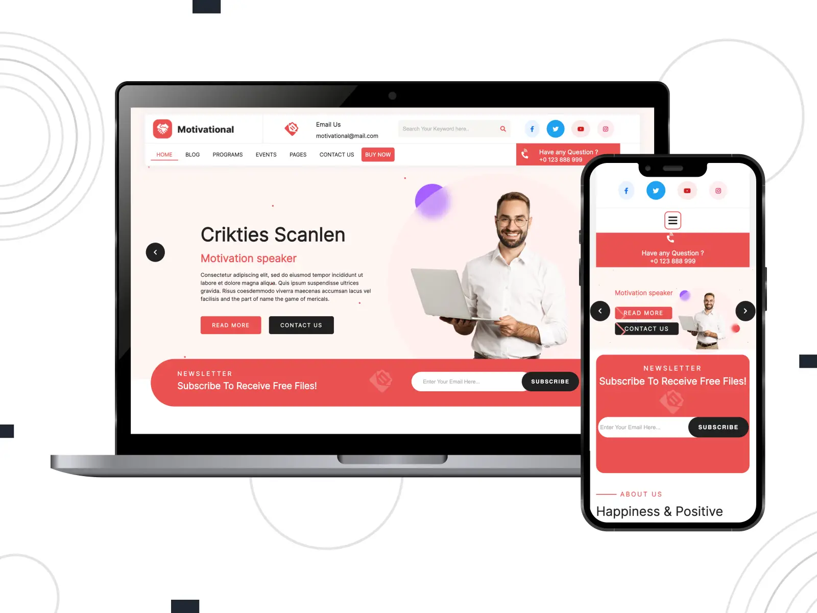 Figura de orador motivacional: tema moderno, gratuito y flexible para sitios web políticos y de coaching con un potente sistema de búsqueda en paleta blanca, coral claro y negra.