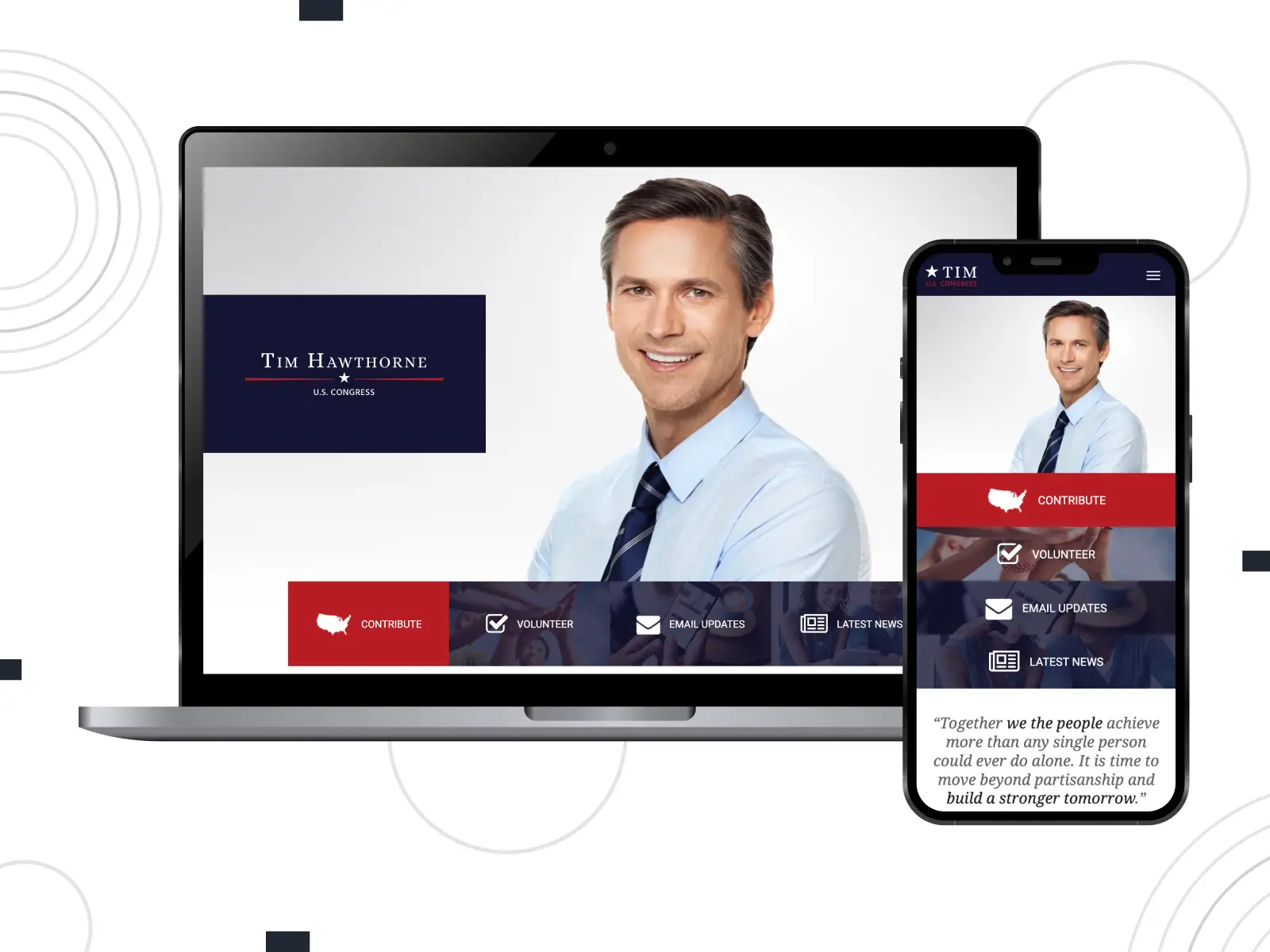 Instantánea de Frontrunner: tema eficaz para presencias políticas en línea con integración de PayPal en colores blanco, azul medianoche y granate.