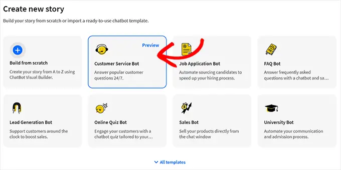 Scegli il modello di bot del servizio clienti Choose the customer service bot template