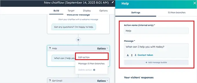 configurare le impostazioni delle azioni del chatbot configure chatbot action settings
