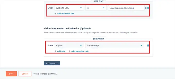 Aggiungi regola di esclusione e regola di comportamento Add exclusion rule and behavior rule