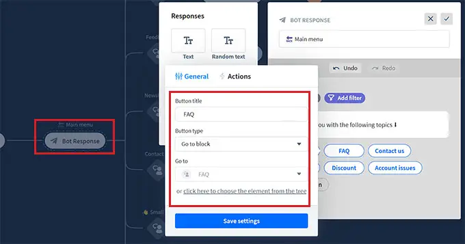 Configura la risposta del bot del menu principale Configure main menu bot response