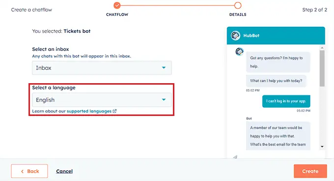 Scegli la lingua del chatbot Choose chatbot language