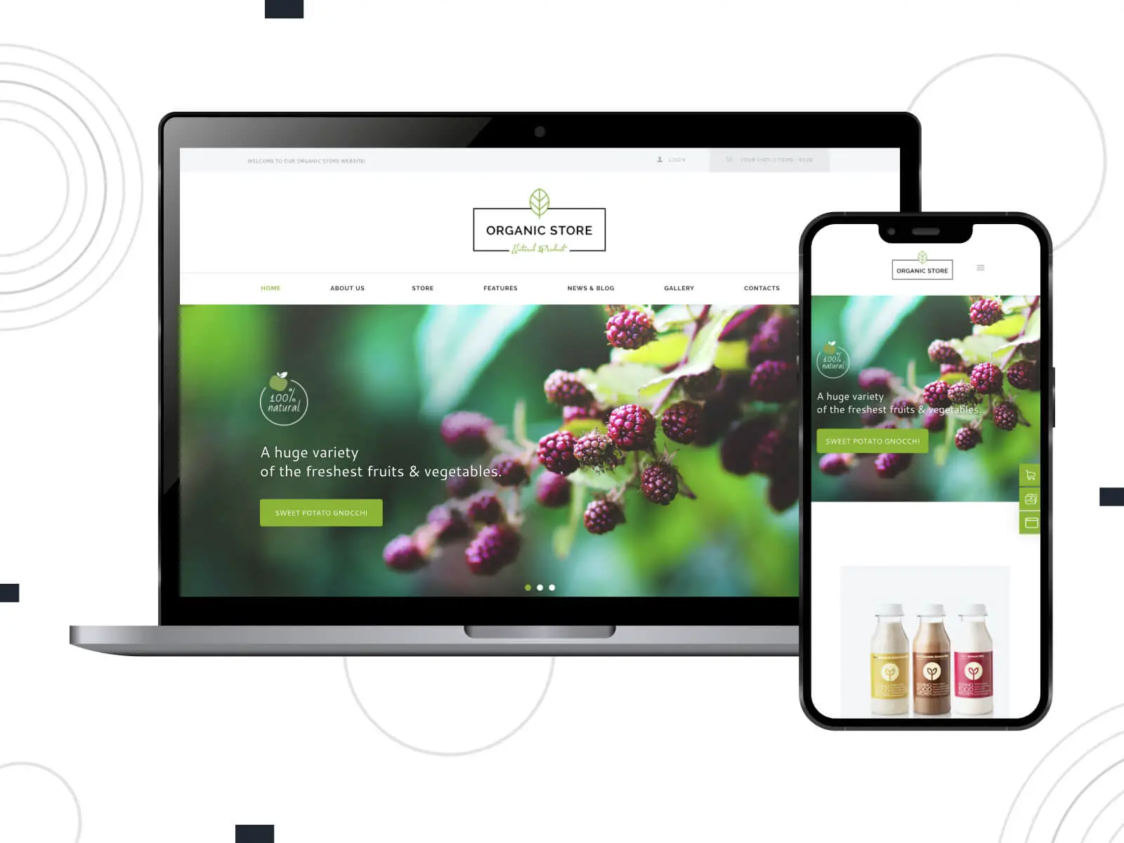 Organic-store의 스크린샷 - 짙은 바다 녹색, 바다 녹색 및 인도 빨간색 배열의 배달 옵션을 갖춘 케이터링 업체를 위한 밝고 선명하며 체계적인 WordPress 테마입니다.