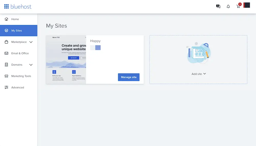 Bluehost와 Wix 비교를 위한 Bluehost 대시보드.