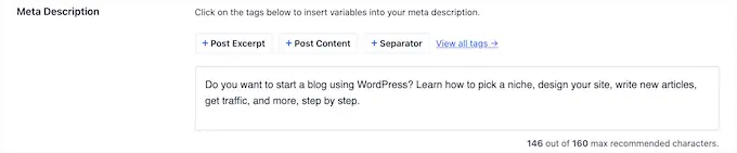 Adăugarea meta descrierii SEO folosind All in One SEO AIOSEO meta description