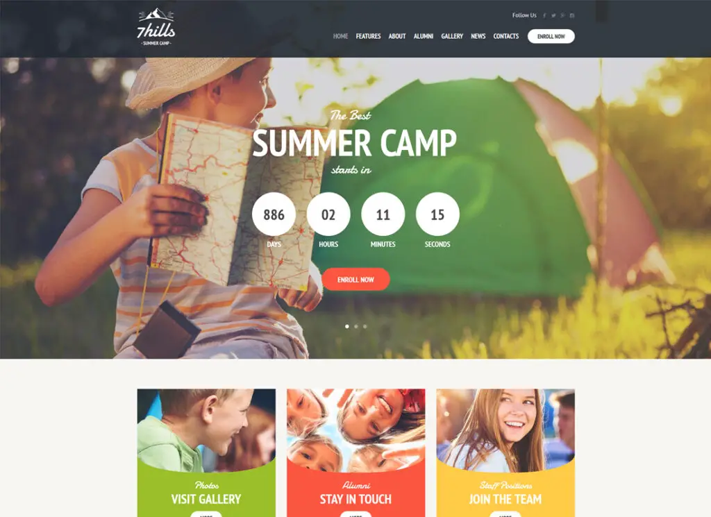 เซเว่นฮิลส์ | ธีม WordPress สำหรับเด็กค่ายฤดูร้อนเดินป่า
