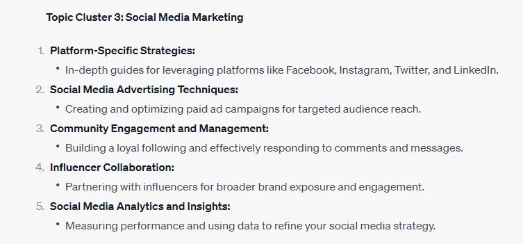 Ideias de grupos de tópicos para marketing de mídia social geradas pelo ChatGPT.