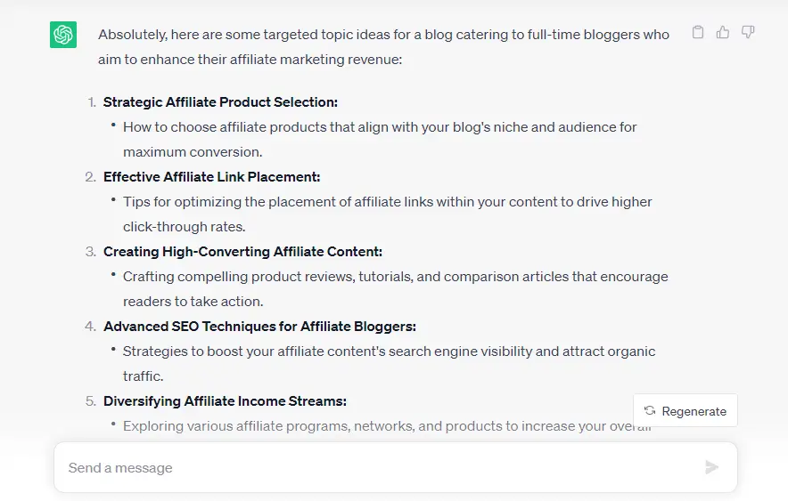 Ideias de tópicos do ChatGPT para um blog de marketing digital.