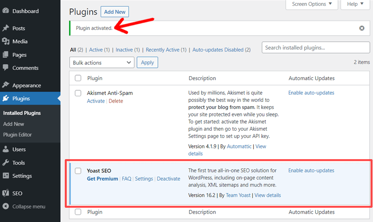 Pemberitahuan Diaktifkan Plugin di WordPress