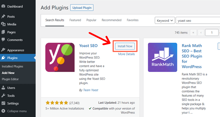 Klik 'Instal Sekarang' Plugin WordPress