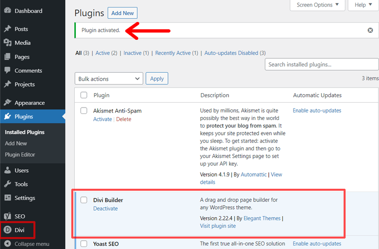 Plugin WordPress Diaktifkan (Pembuat Divi)