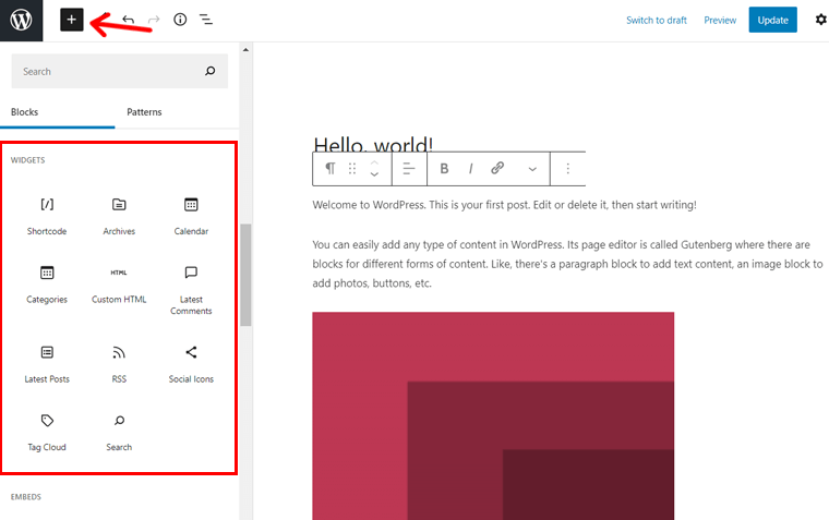 WordPress 塊編輯器中的小部件
