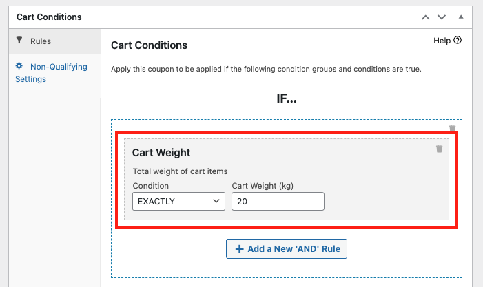 Setting up the Cart Weight condition 