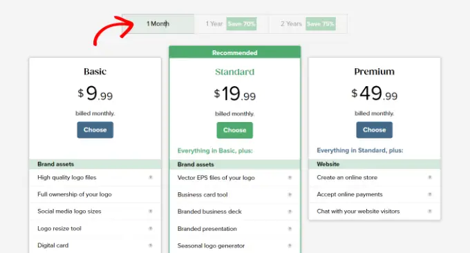 Planes de precios de Tailor Brands Select a pricing plan