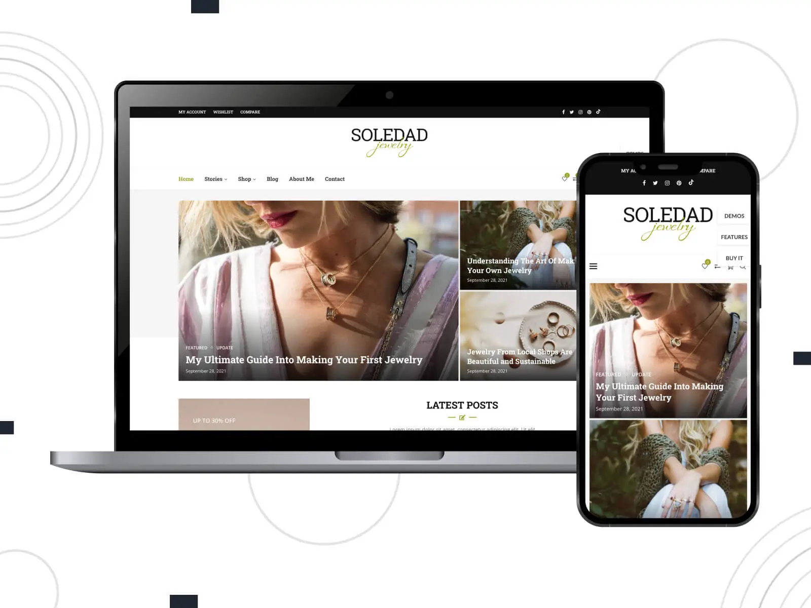 لقطة شاشة لـ Soledad - سمة WP المضيئة والجذابة والأفضل في فئتها من حيث السرعة والاستجابة باللون الرمادي ونطاق الألوان الأخضر الزيتوني الداكن.