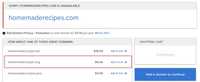 Example of .com vs .org domain extension