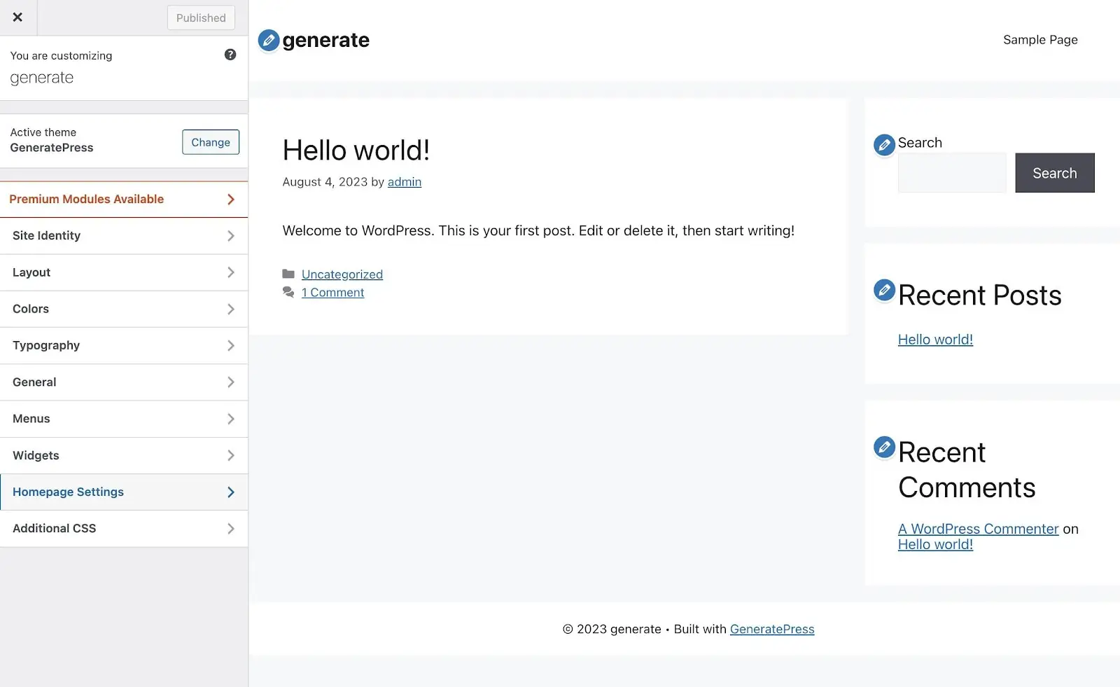 Personalizatorul GeneratePress.