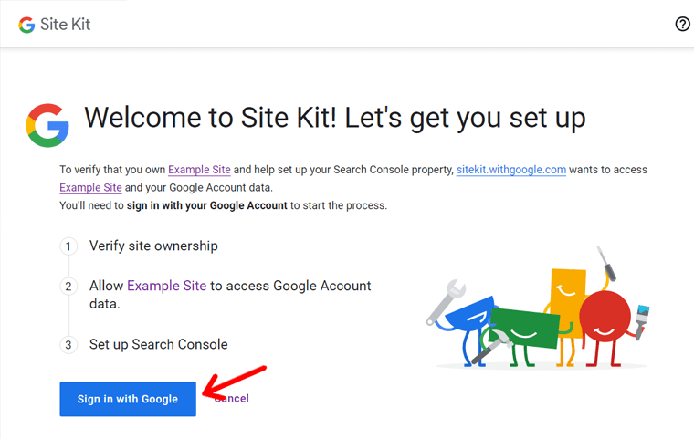 Google 계정으로 로그인하여 Site Kit 설정